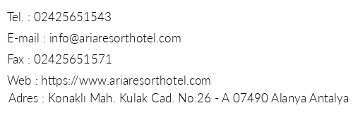 Aria Resort & Spa telefon numaralar, faks, e-mail, posta adresi ve iletiim bilgileri